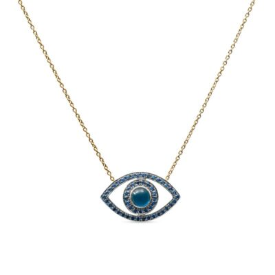 an evil eye necklace with blue and white diamonds