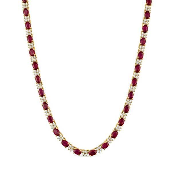 a red and white necklace with diamonds