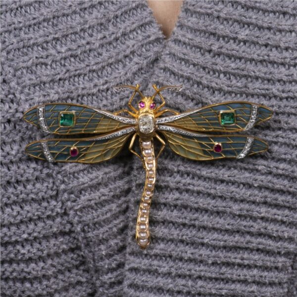 a dragonfly brooch is shown on a sweater