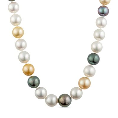 a multicolored pearl necklace on a white background