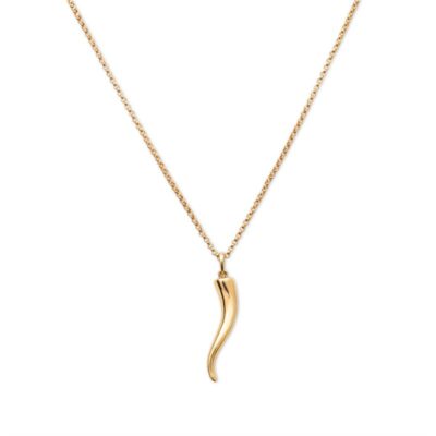 a gold necklace with a long curved pendant
