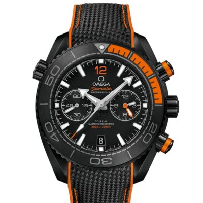 a black and orange watch on a white background