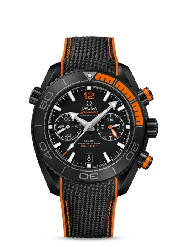 a black and orange watch on a white background