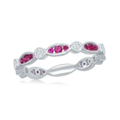 a white gold ring with pink and white diamonds