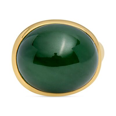 an oval green stone ring with gold trim