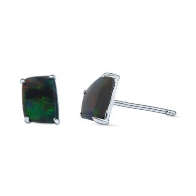 a pair of black opal earrings on a white background