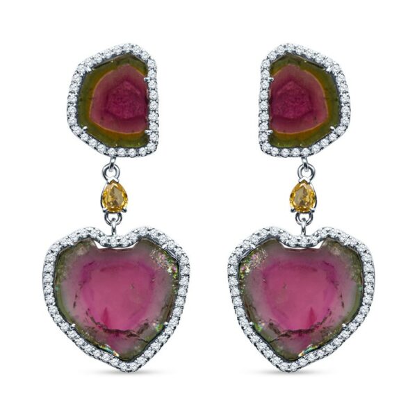a pair of earrings with pink and yellow stones