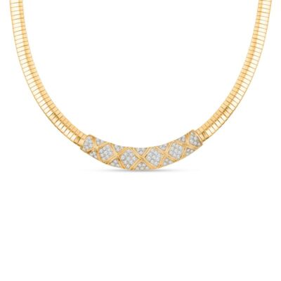 a gold and diamond necklace on a white background
