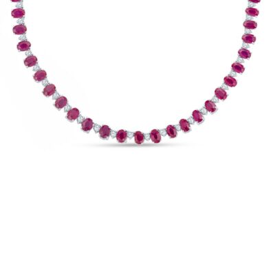 a necklace with pink stones and white diamonds