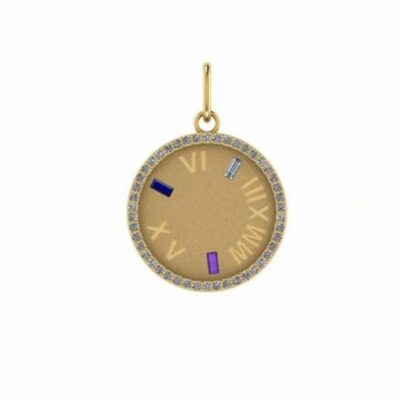 a gold pendant with roman numerals and diamonds