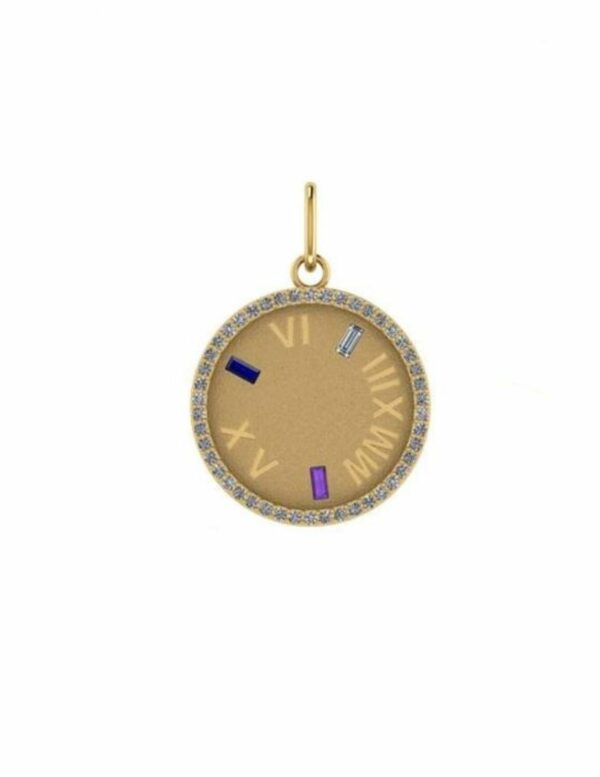 a gold pendant with roman numerals and diamonds