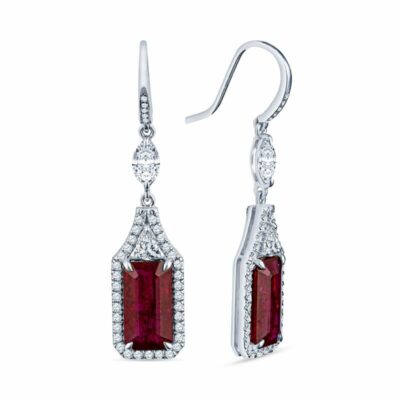 Emerald Cut Ruby & Diamond Drop Earrings