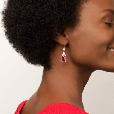 Emerald Cut Ruby & Diamond Drop Earrings