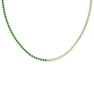 14K Yellow Gold 3.02ctw Emerald and 2.95ctw Diamond 17in Bezel Set Tennis Necklace